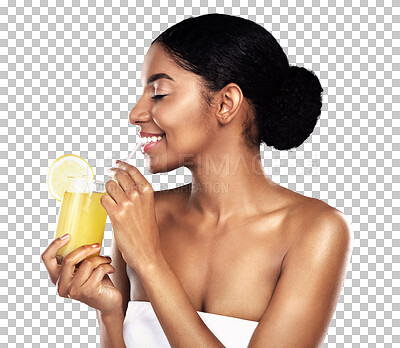 Buy stock photo Orange juice, woman or drink with straw in health wellness or happy detox for vegan nutrition. Citrus fruit, organic or vitamin c benefits as natural beauty or isolated on transparent png background 