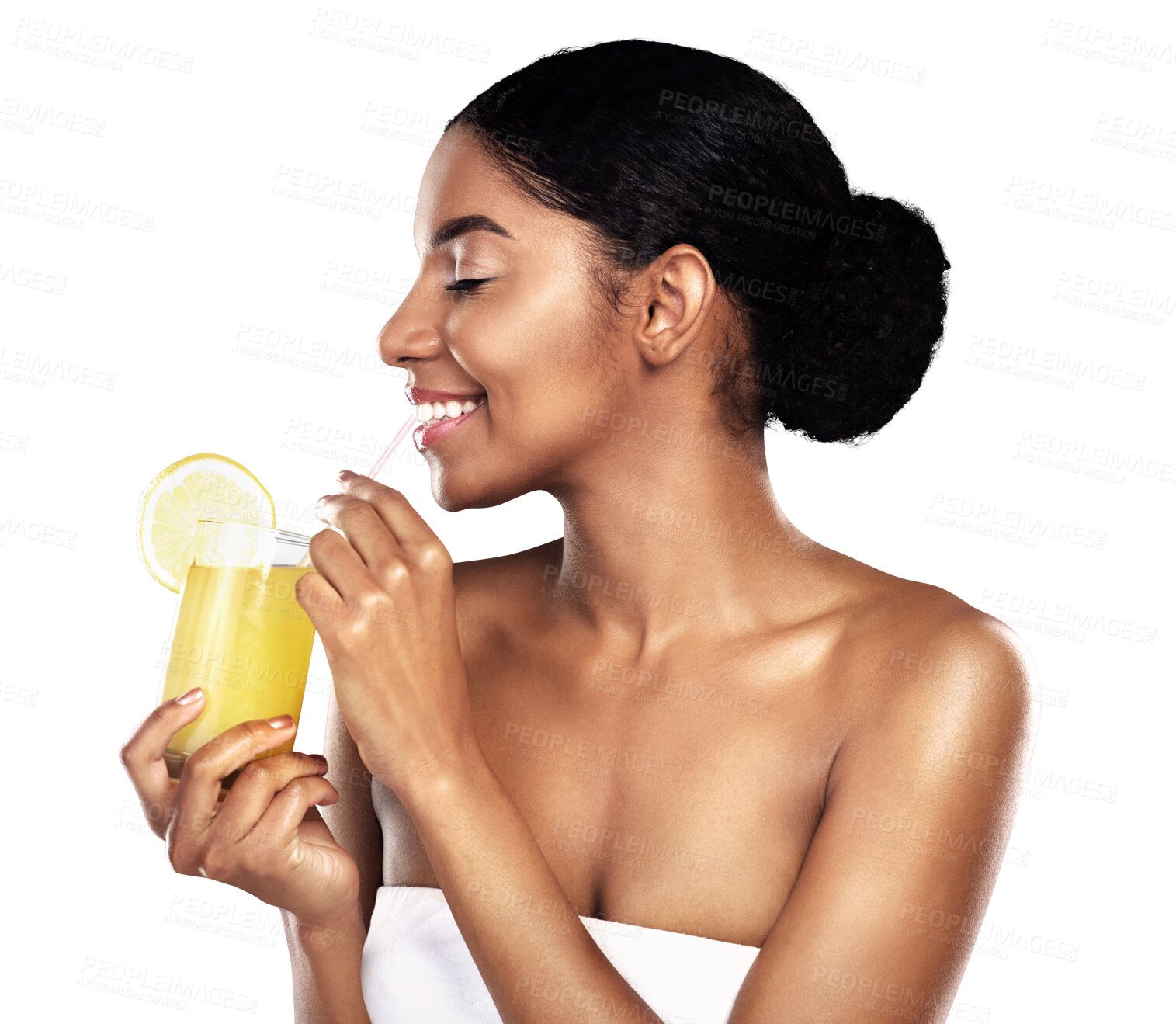 Buy stock photo Orange juice, woman or drink with straw in health wellness or happy detox for vegan nutrition. Citrus fruit, organic or vitamin c benefits as natural beauty or isolated on transparent png background 