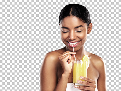 Buy stock photo Orange juice, woman and smile for health wellness and nutrition drink for weight loss detox. Citrus fruit, organic or vitamin c benefits for natural beauty or isolated on transparent png background 