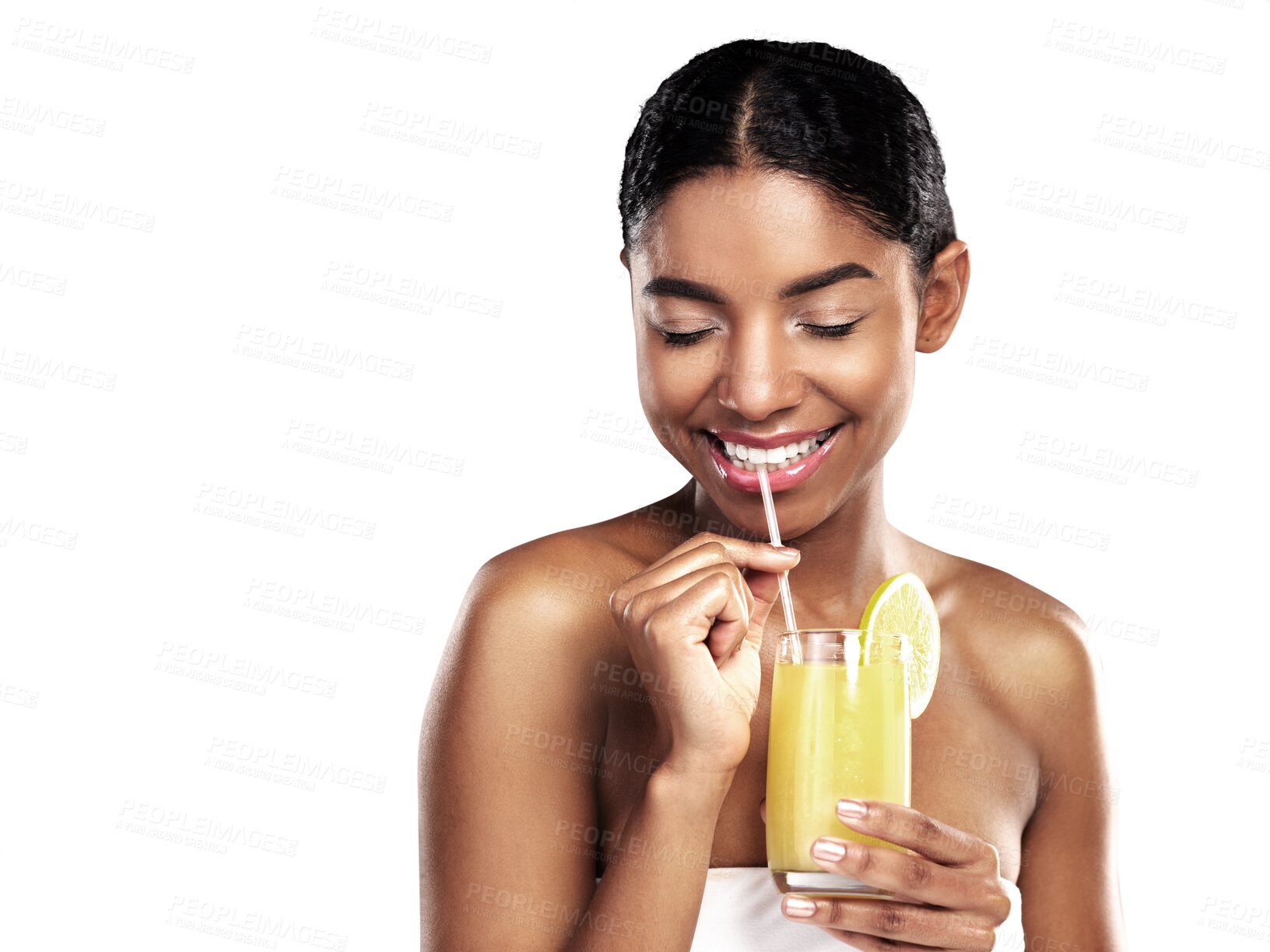 Buy stock photo Orange juice, woman and smile for health wellness and nutrition drink for weight loss detox. Citrus fruit, organic or vitamin c benefits for natural beauty or isolated on transparent png background 