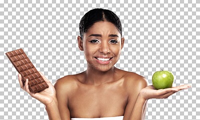 Buy stock photo Woman, portrait and chocolate or apple for decision, diet choice or isolated transparent png background. Indian person, face and candy or fruit discipline health balance, sugar craving or lose weight