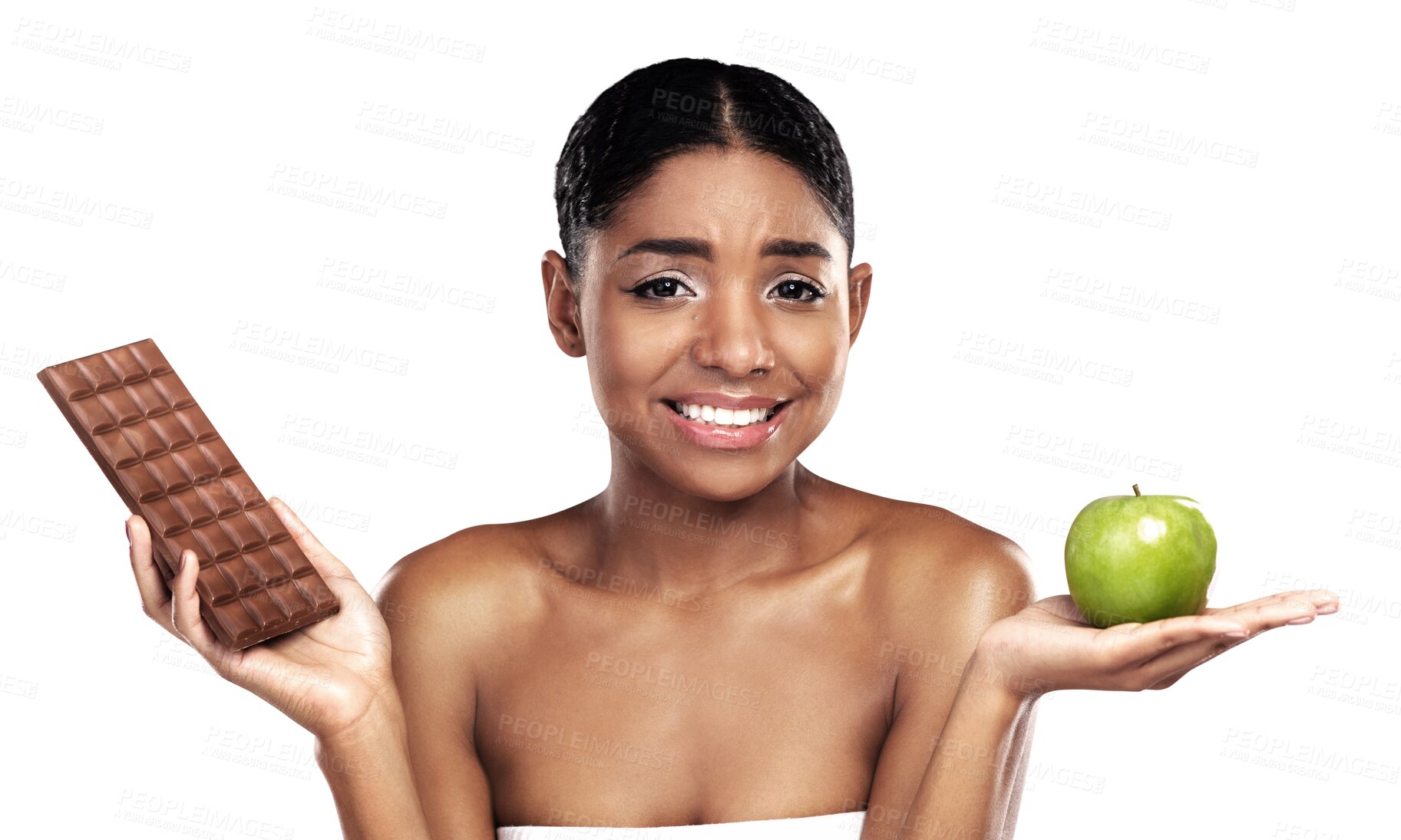 Buy stock photo Woman, portrait and chocolate or apple for decision, diet choice or isolated transparent png background. Indian person, face and candy or fruit discipline health balance, sugar craving or lose weight