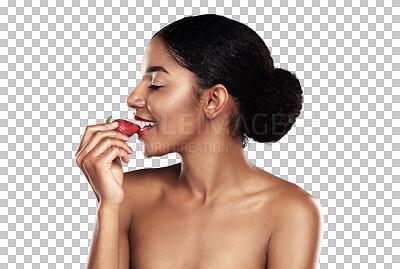 Buy stock photo Beauty, smile or woman and eating strawberry isolated on png transparent background for health and wellness. Black person, smile and makeup with fruit for nutrition, healthy diet or organic detox