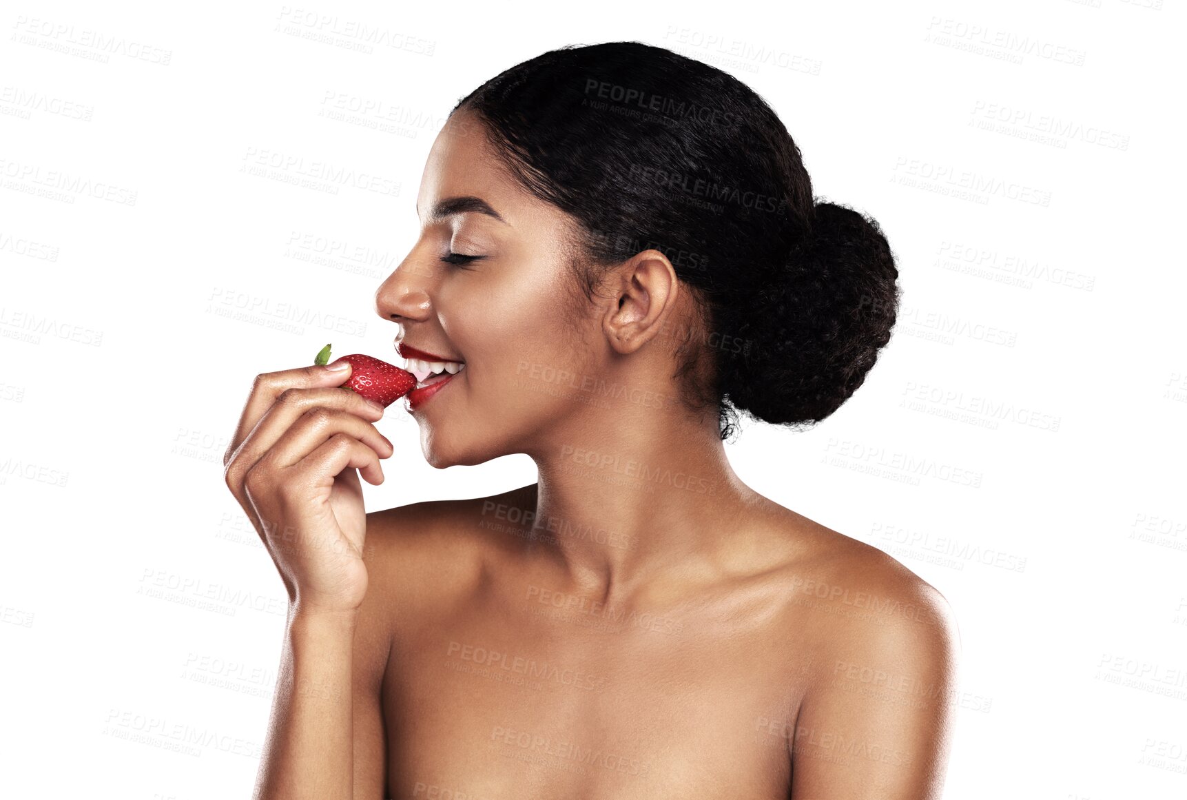 Buy stock photo Beauty, smile or woman and eating strawberry isolated on png transparent background for health and wellness. Black person, smile and makeup with fruit for nutrition, healthy diet or organic detox