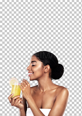 Buy stock photo Orange juice, woman or drink on straw in happy wellness or detox digestion in vegan nutrition. Citrus fruit, organic or vitamin c benefits as natural beauty or isolated on transparent png background