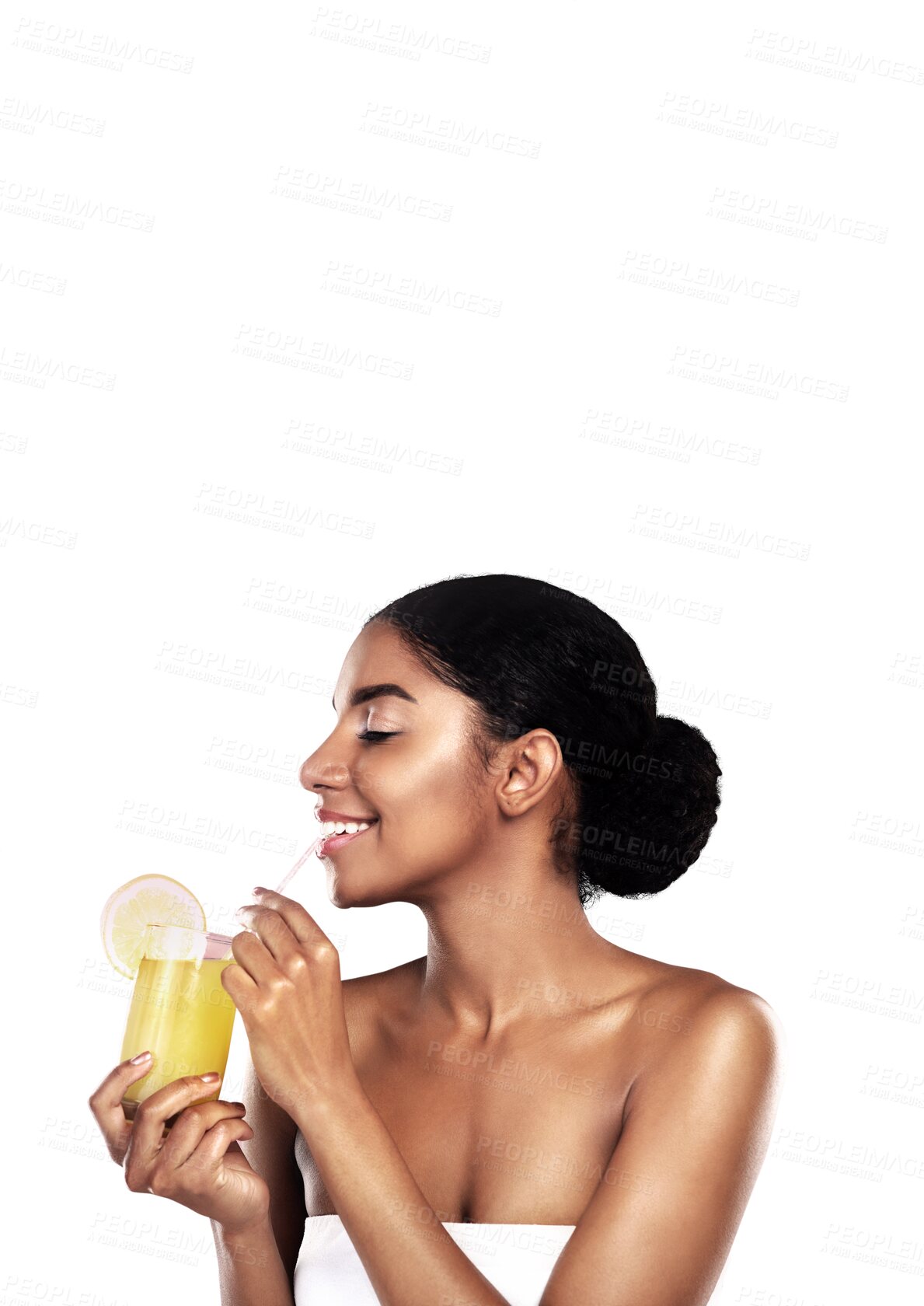 Buy stock photo Orange juice, woman or drink on straw in happy wellness or detox digestion in vegan nutrition. Citrus fruit, organic or vitamin c benefits as natural beauty or isolated on transparent png background