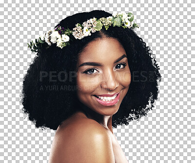 Buy stock photo Portrait, afro and flower crown for wellness with a black woman isolated on transparent background. Face, smile and skincare with a happy young model on PNG in a wreath for health or sustainability