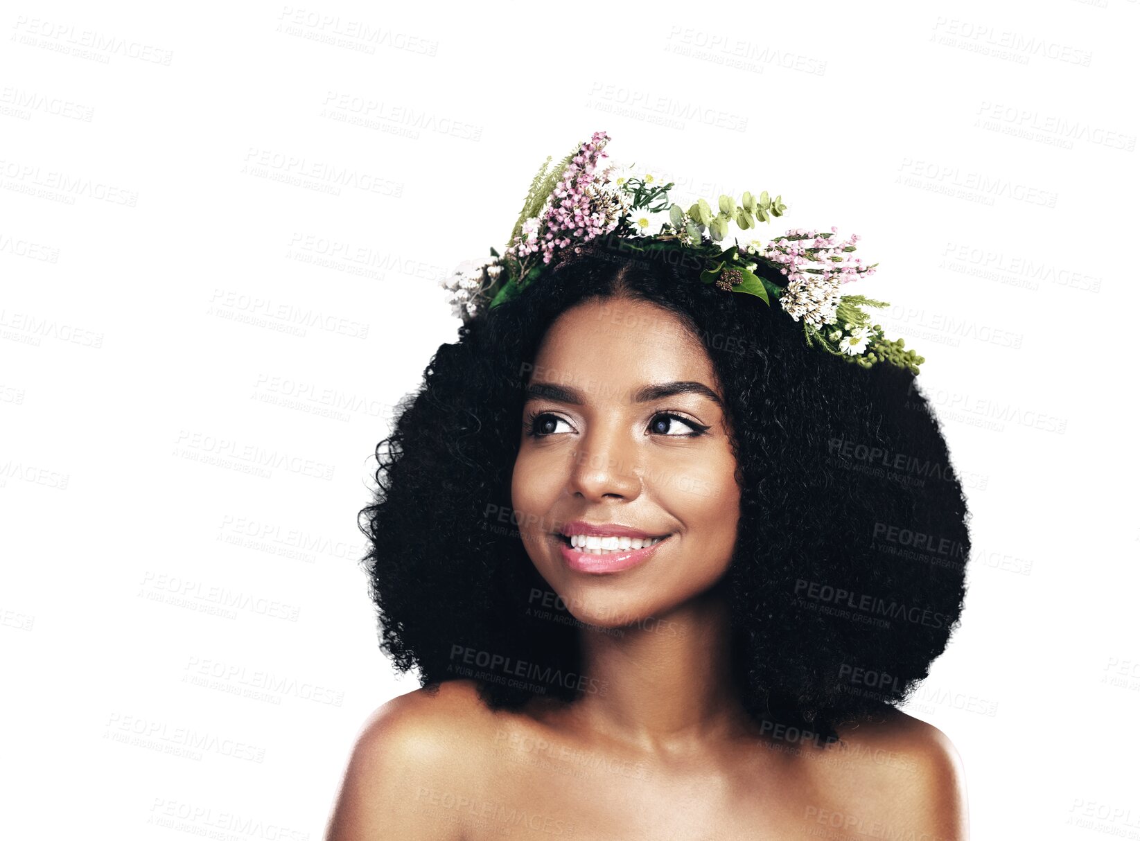 Buy stock photo Beauty, thinking and flower crown for wellness with a black woman isolated on transparent background. Skincare, smile and idea with a happy young model on PNG for health, sustainability or cosmetics