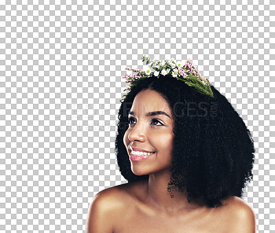 Buy stock photo Beauty, thinking and flower crown for young black woman isolated on transparent background. Skincare, idea and wreath with a happy female model on PNG for health, sustainability or cosmetics