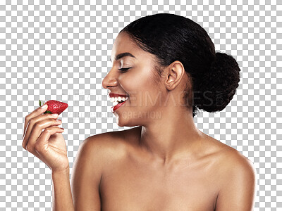 Buy stock photo Woman, strawberry and skincare for beauty or eco friendly product, natural cosmetics and dermatology. Happy african person or model with fruit for vegan makeup isolated on transparent png background