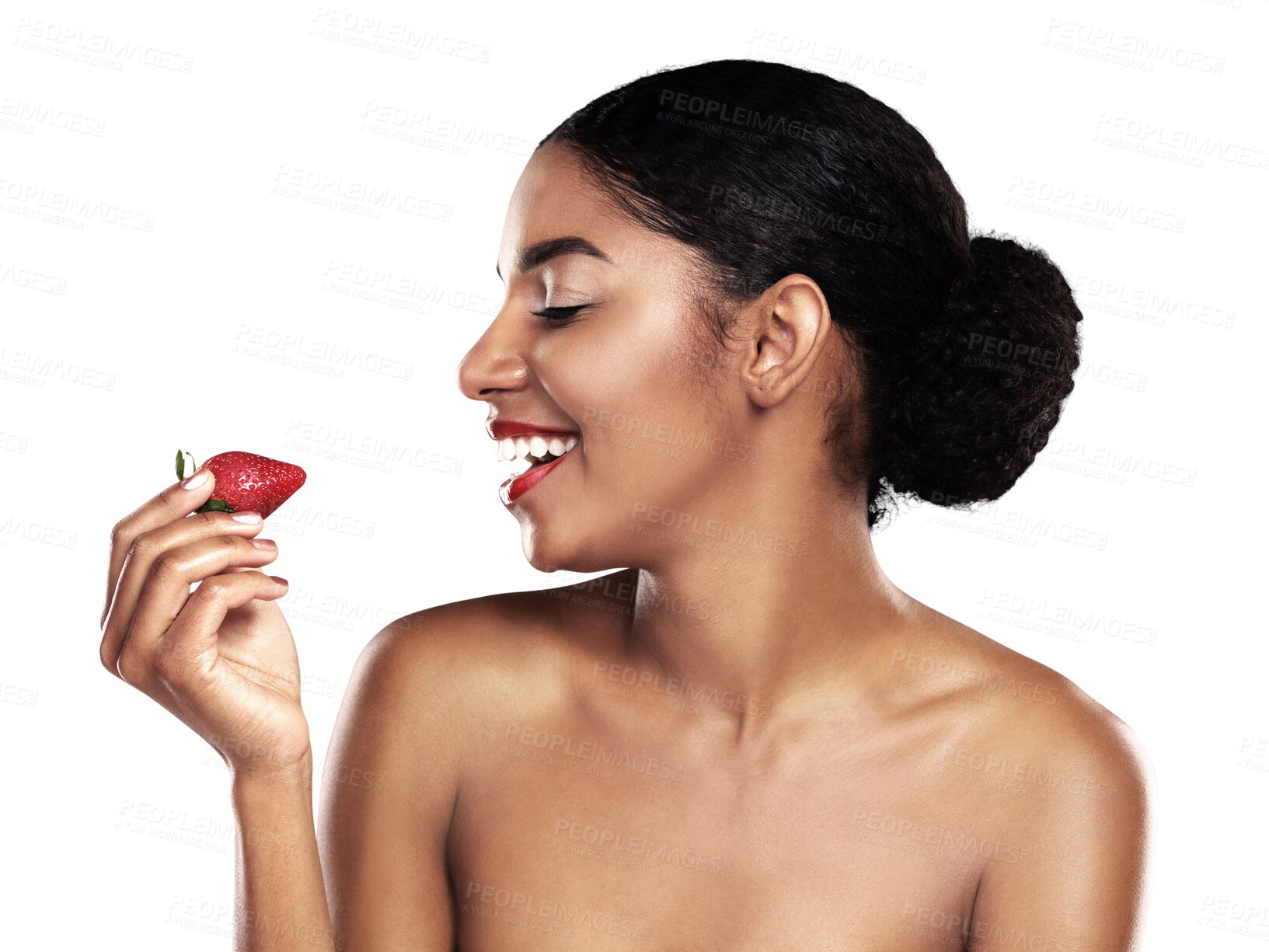 Buy stock photo Woman, strawberry and skincare for beauty or eco friendly product, natural cosmetics and dermatology. Happy african person or model with fruit for vegan makeup isolated on transparent png background