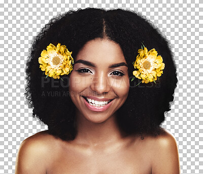 Buy stock photo Cosmetics, portrait and black woman with afro hair flowers, real beauty and clean sustainable shampoo treatment. Happiness, facial skin wellness or floral girl isolated on transparent, png background