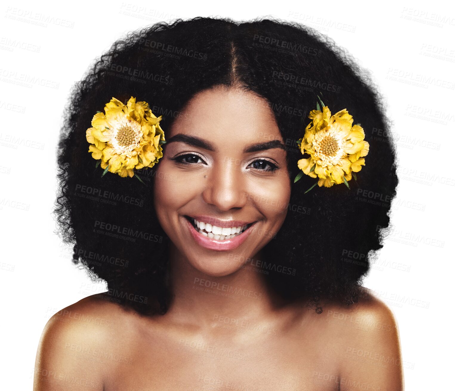 Buy stock photo Cosmetics, portrait and black woman with afro hair flowers, real beauty and clean sustainable shampoo treatment. Happiness, facial skin wellness or floral girl isolated on transparent, png background