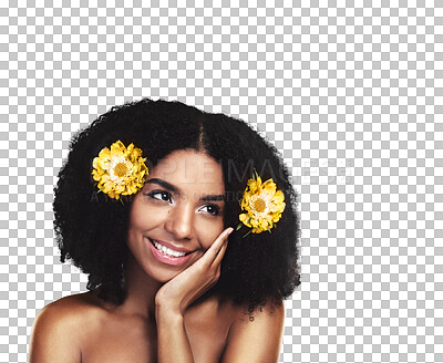 Buy stock photo Isolated African woman, flowers and afro with smile, beauty or thinking by transparent png background. Girl, floral style and idea with cosmetics, spring aesthetic or yellow plants in hair with glow