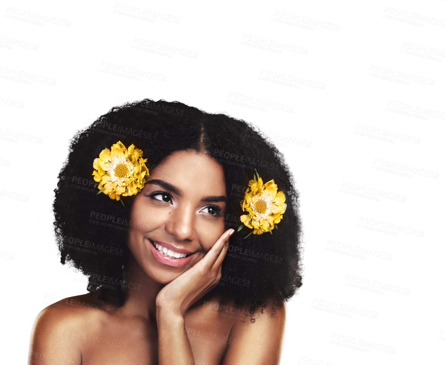 Buy stock photo Isolated African woman, flowers and afro with smile, beauty or thinking by transparent png background. Girl, floral style and idea with cosmetics, spring aesthetic or yellow plants in hair with glow