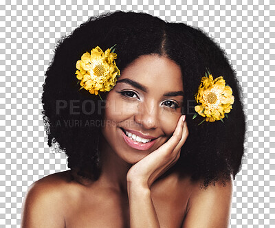 Buy stock photo Isolated African woman, yellow flowers and afro with smile, beauty or portrait by transparent png background. Girl, floral style and face with cosmetics, spring aesthetic or plants in hair with glow