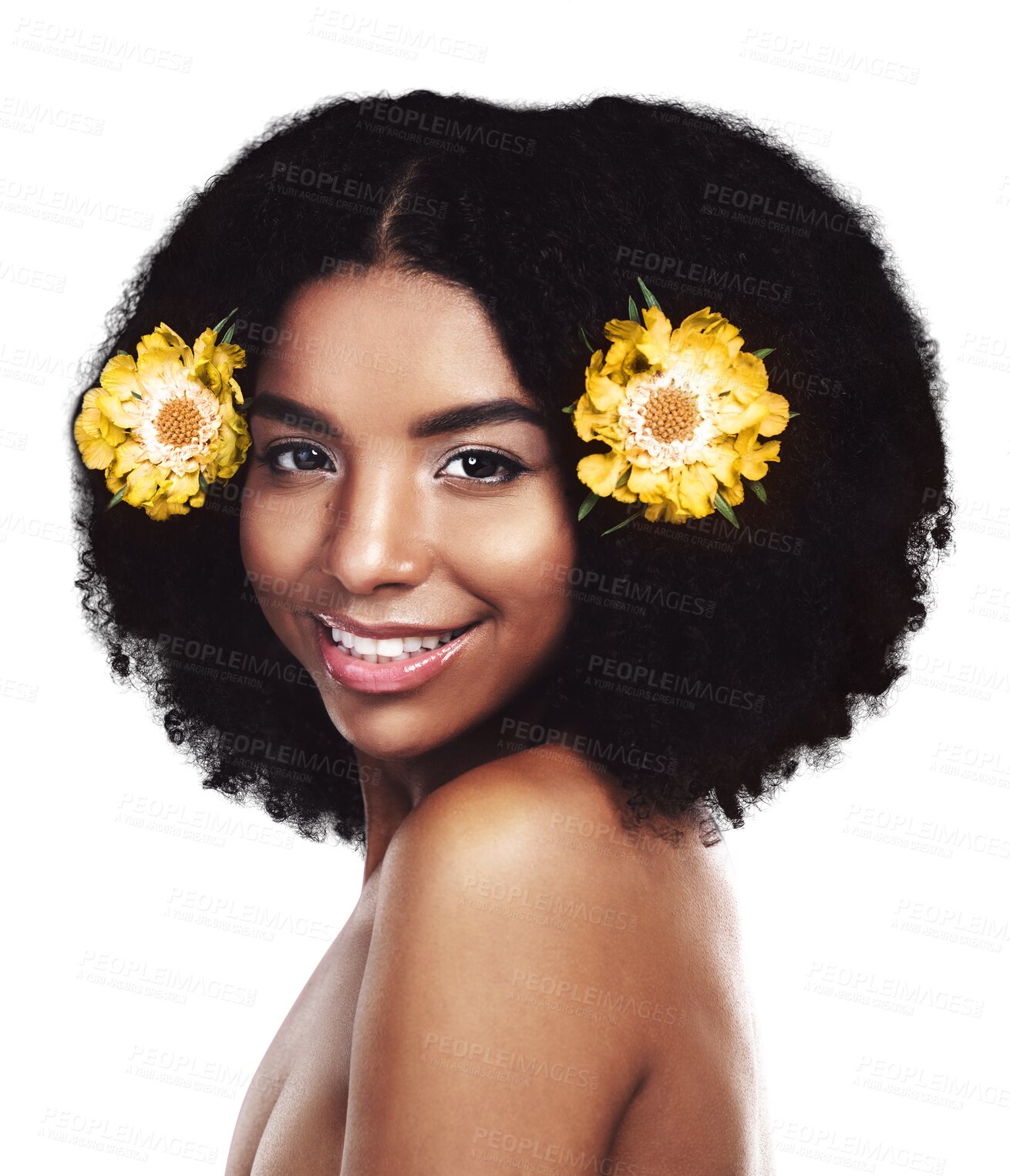 Buy stock photo Portrait, happy woman and hair care with cosmetics or yellow flowers isolated on png transparent background. African model, skincare and natural plants in afro for beauty, floral aesthetic and smile