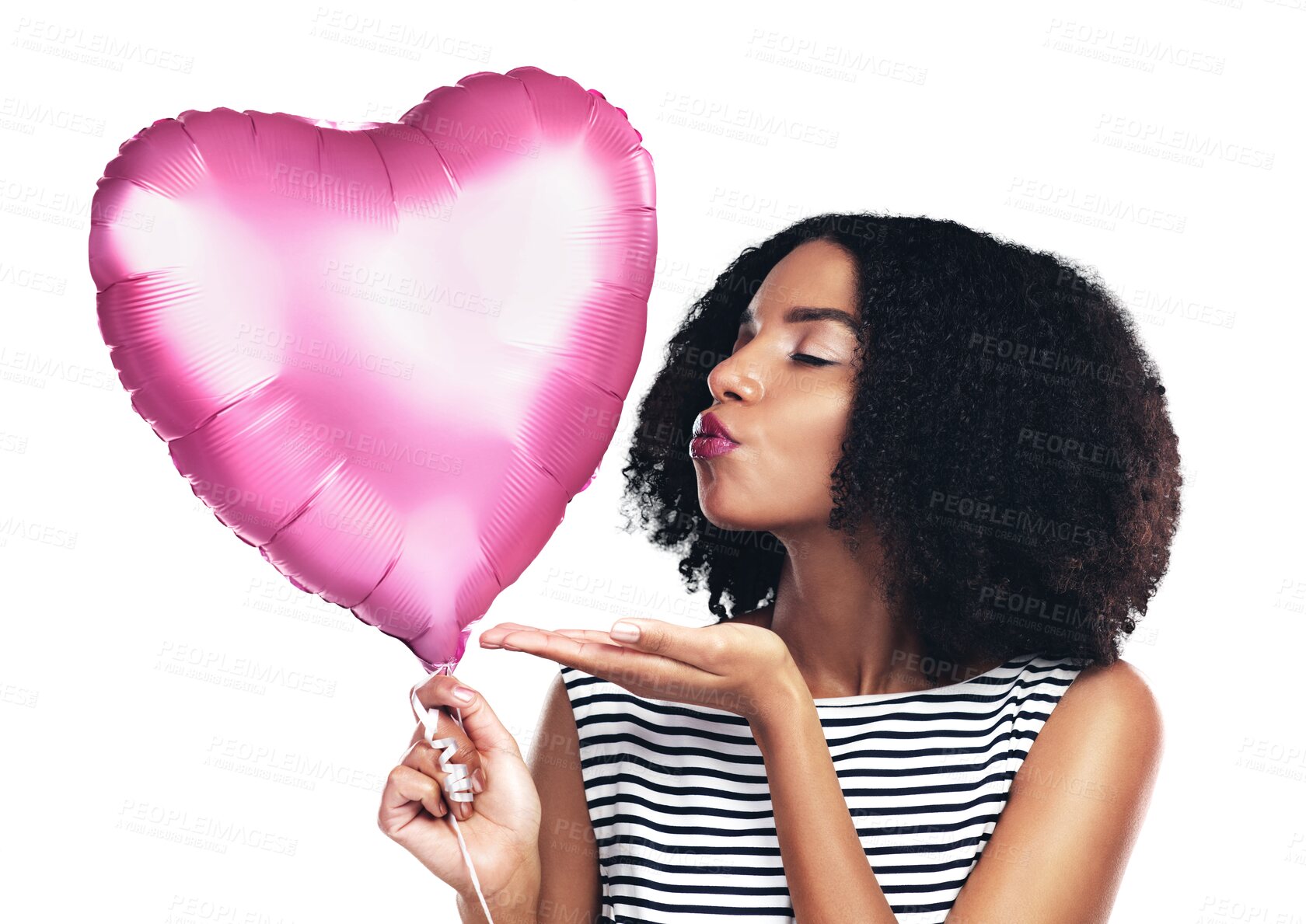 Buy stock photo Woman, heart balloon and blowing kiss for love, romance or date isolated on png transparent background. Person, face and pout with celebration for valentines day, shape or kindness emoji for care