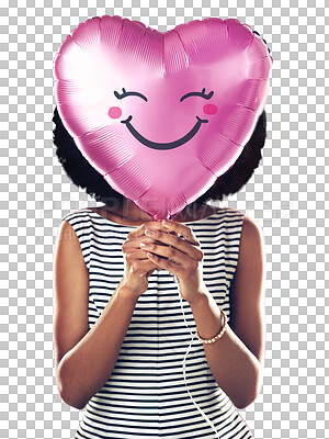 Buy stock photo Woman, balloon heart and hide face for birthday surprise, romantic sign on isolated transparent png background. Girl, romance and celebration with emoji shape, cover head and helium for announcement