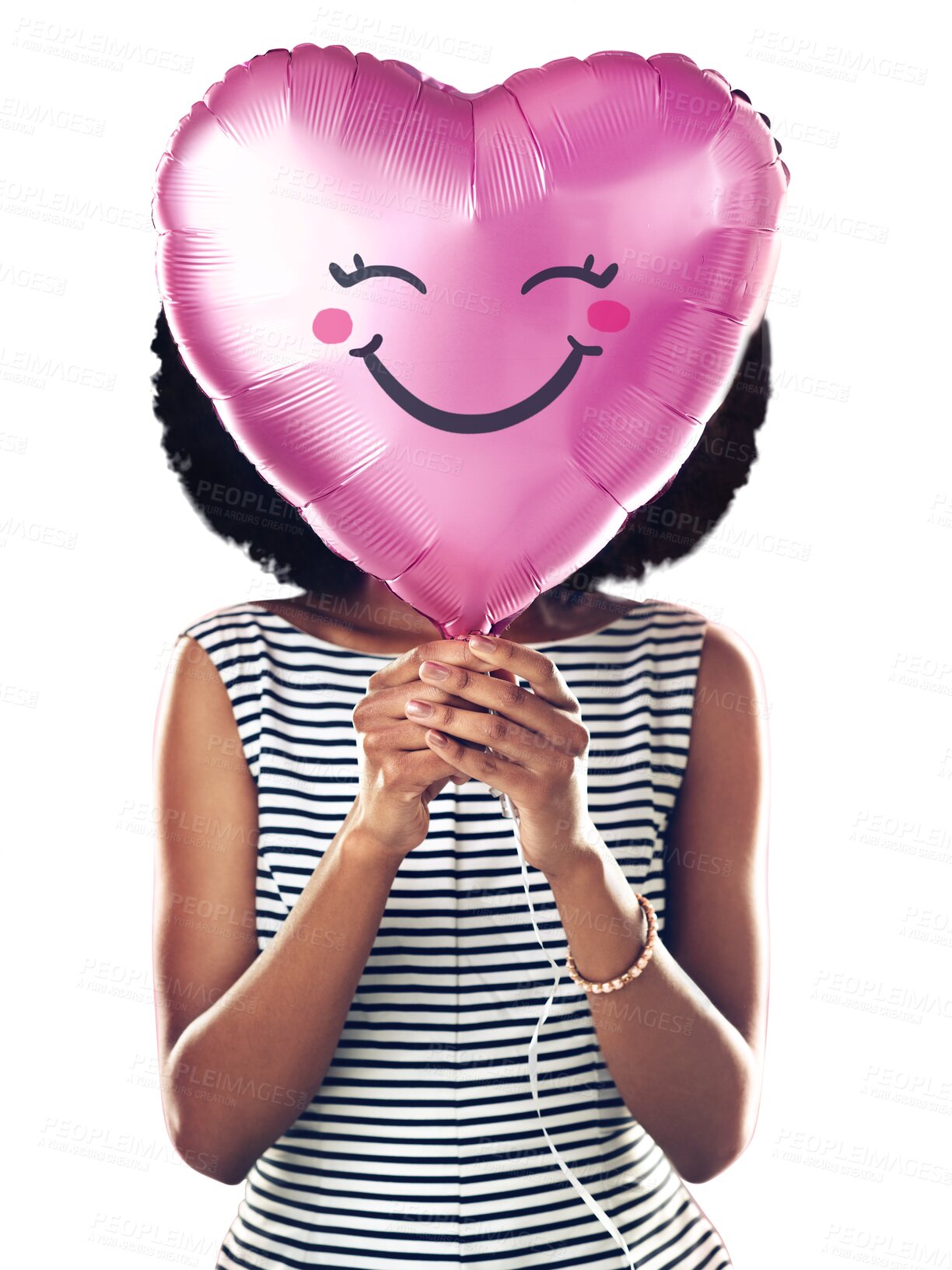 Buy stock photo Woman, balloon heart and hide face for birthday surprise, romantic sign on isolated transparent png background. Girl, romance and celebration with emoji shape, cover head and helium for announcement