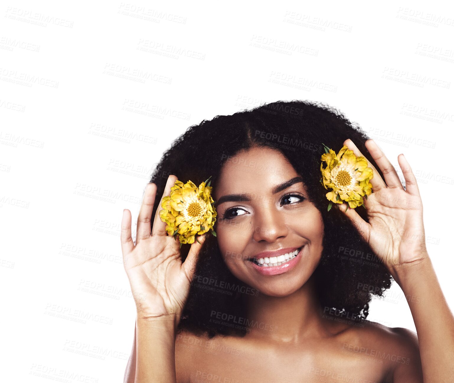 Buy stock photo Hands, happy woman and hair care with beauty or yellow flowers isolated on png transparent background. African model, skincare and natural plants in afro for cosmetics, floral aesthetic and smile