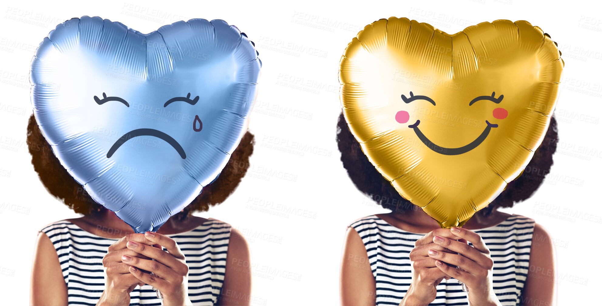 Buy stock photo Woman, heart shape balloon and mental health with support, emotions and decorations isolated on a transparent background. Person, girl and model with peace, happiness and sad emoji with colour on png