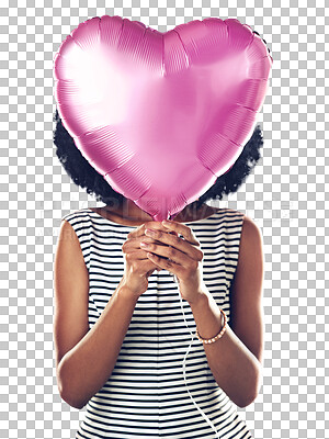 Buy stock photo Woman, birthday party and pink heart balloon for celebration isolated on a transparent background. Love, romance or valentines day event with a person on PNG holding a gift or present of affection