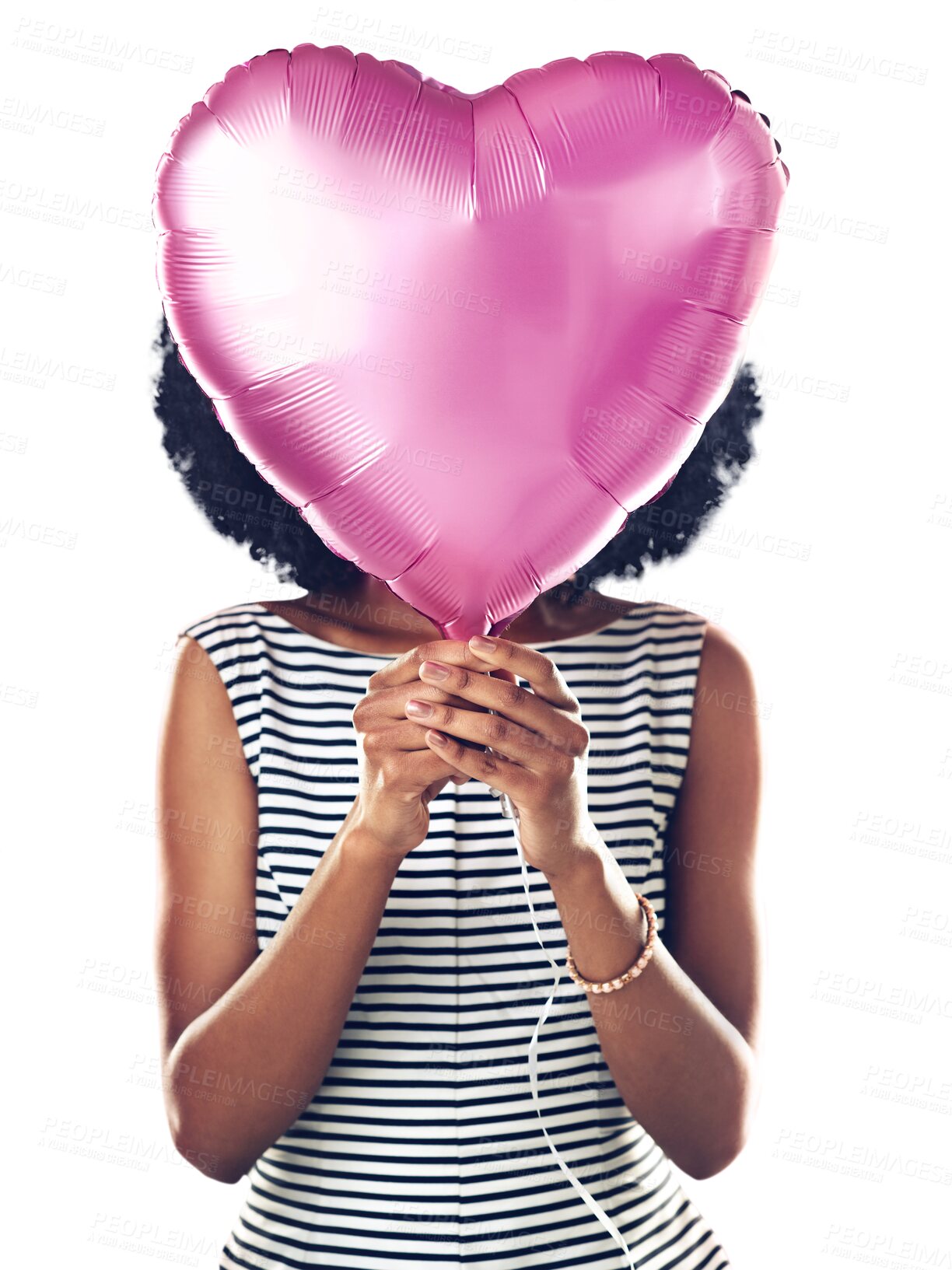 Buy stock photo Woman, birthday party and pink heart balloon for celebration isolated on a transparent background. Love, romance or valentines day event with a person on PNG holding a gift or present of affection