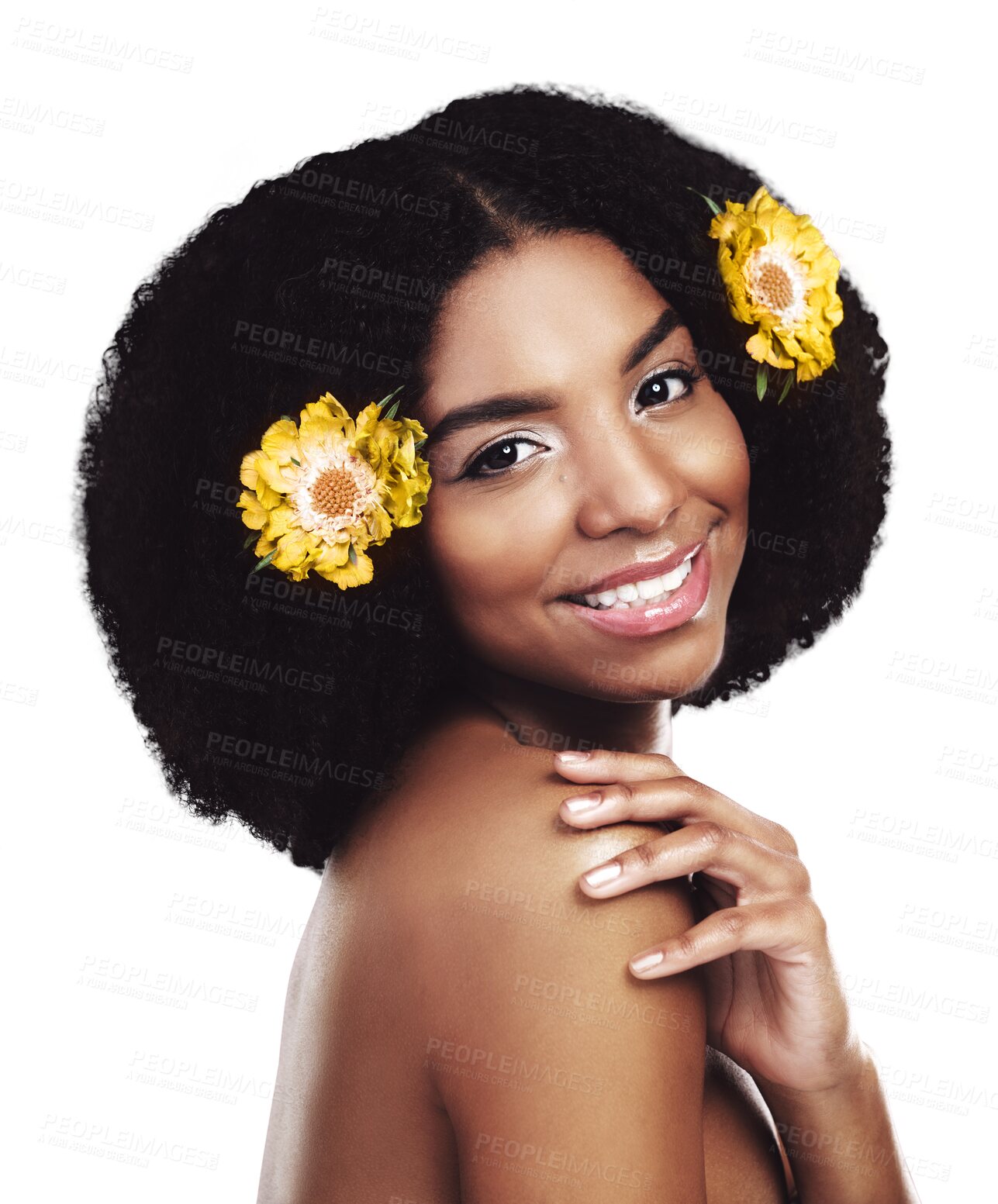 Buy stock photo Portrait, happy woman and hair care with beauty or yellow flowers isolated on png transparent background. African model, skincare and natural plants in afro for cosmetics, floral aesthetic and smile