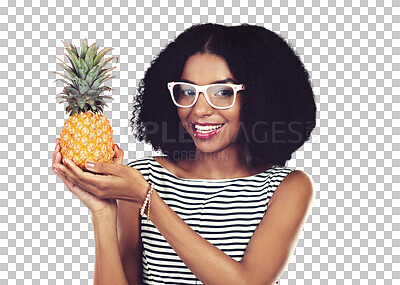 Buy stock photo Glasses, portrait or woman with holding pineapple for healthy food, diet or tropical fruit with vegan nutrition. Model, face or smile in vision for wellness or isolated on transparent png background