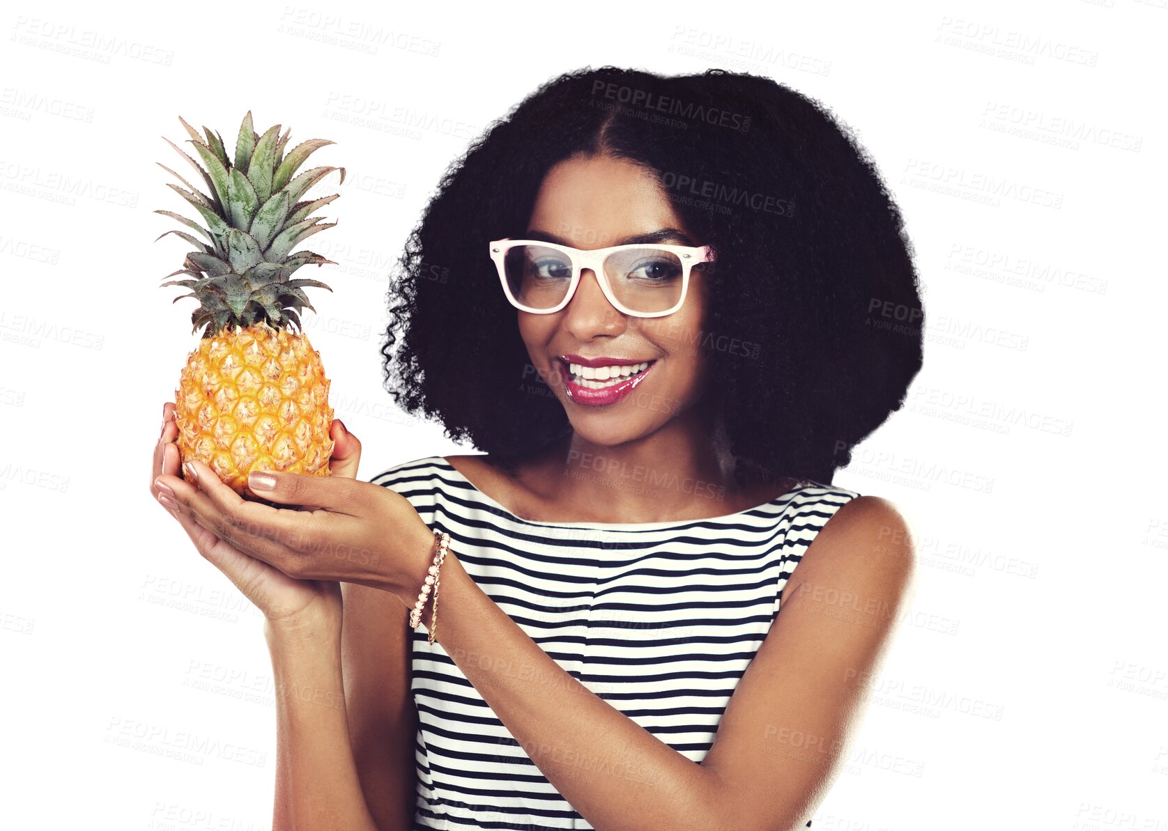 Buy stock photo Glasses, portrait or woman with holding pineapple for healthy food, diet or tropical fruit with vegan nutrition. Model, face or smile in vision for wellness or isolated on transparent png background