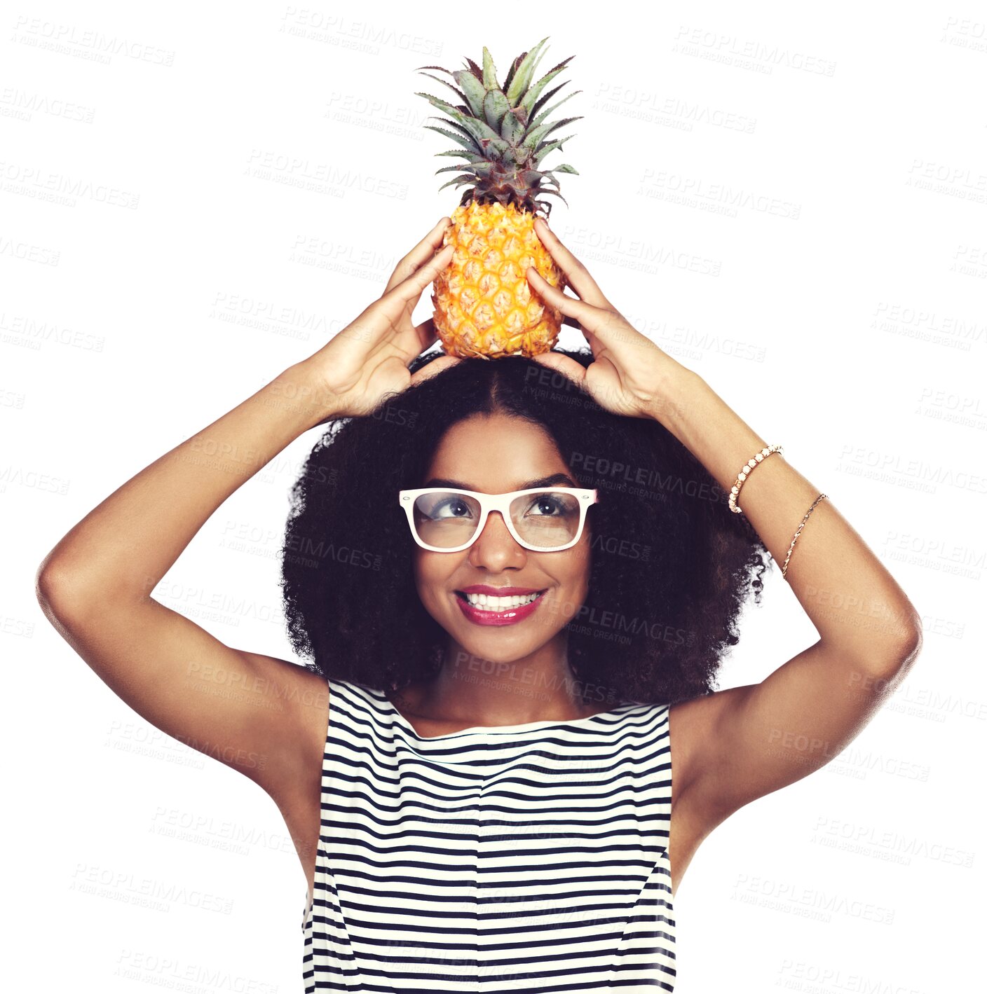 Buy stock photo Woman, happy and looking at pineapple on head, healthy food and tropical fruit with vegan nutrition in glasses. Model, care and smile for wellness on diet and isolated on transparent png background