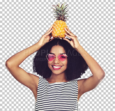 Buy stock photo Sunglasses, portrait or woman with holding pineapple for healthy food, smile or edgy with tropical fruit. Model, face or happy in heart eyewear with wellness or isolated on transparent png background