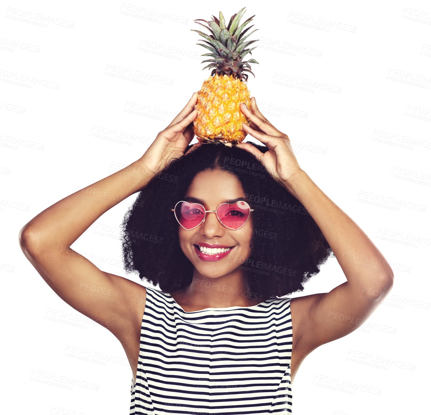 Buy stock photo Sunglasses, portrait or woman with holding pineapple for healthy food, smile or edgy with tropical fruit. Model, face or happy in heart eyewear with wellness or isolated on transparent png background