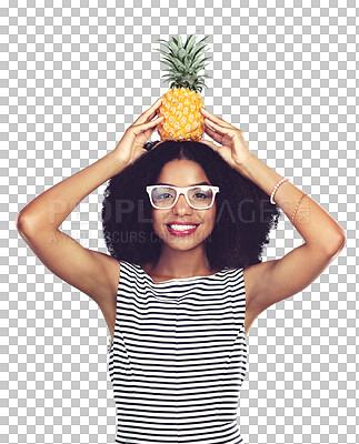 Buy stock photo Woman, portrait and pineapple on head with smile for healthy diet or organic detox isolated on png transparent background. Person, face and happy with fruit or glasses for nutrition, health or vegan