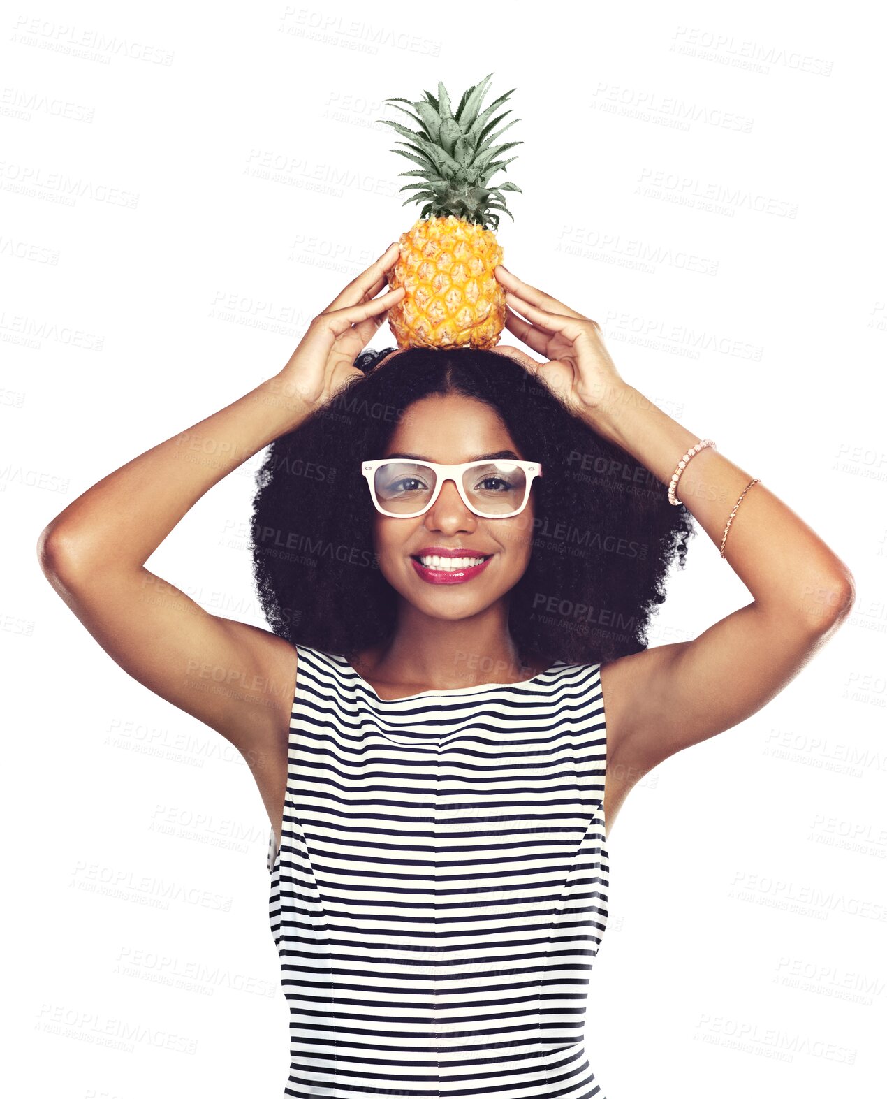 Buy stock photo Woman, portrait and pineapple on head with smile for healthy diet or organic detox isolated on png transparent background. Person, face and happy with fruit or glasses for nutrition, health or vegan