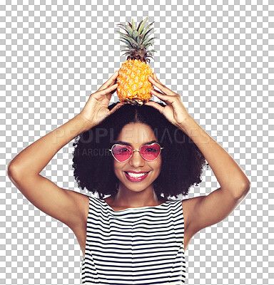 Buy stock photo Happy, portrait or woman with pineapple on head, health food or vision of tropical fruit diet. Model, face or smile in fashion heart sunglasses in wellness or isolated on transparent png background