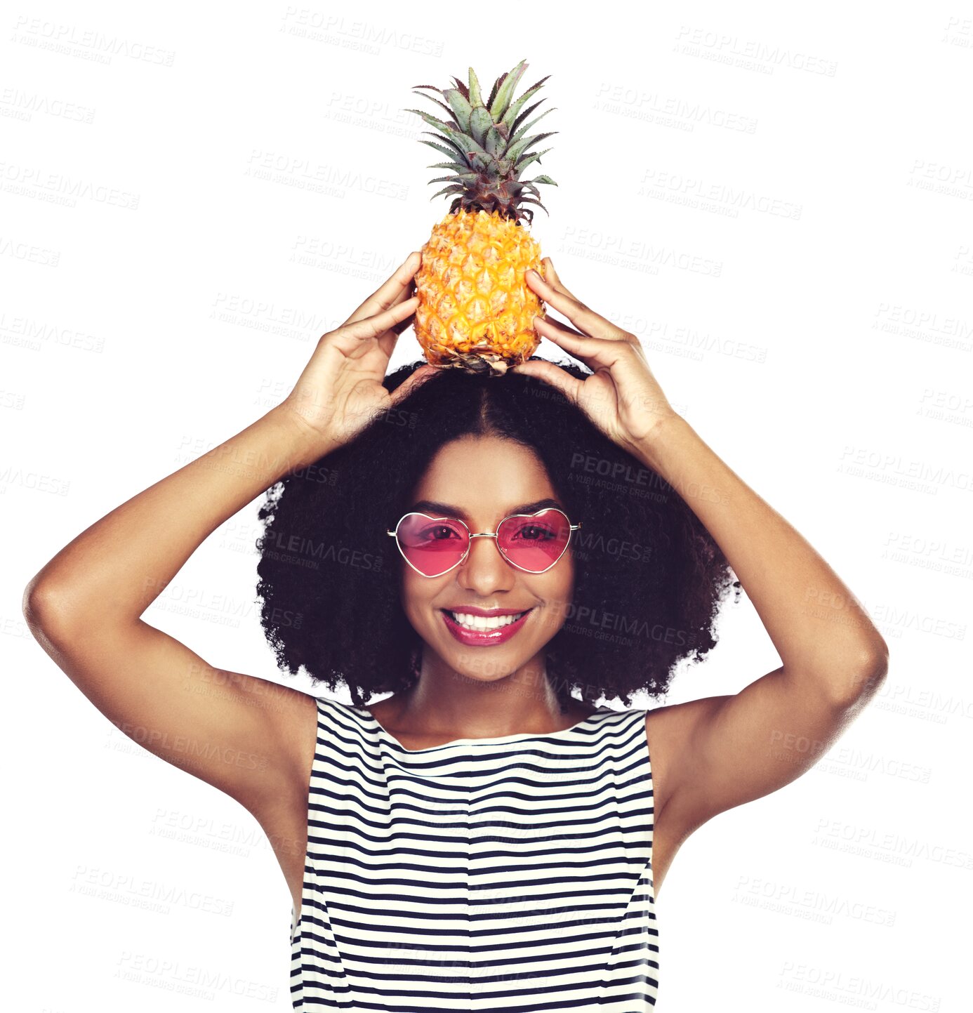 Buy stock photo Happy, portrait or woman with pineapple on head, health food or vision of tropical fruit diet. Model, face or smile in fashion heart sunglasses in wellness or isolated on transparent png background