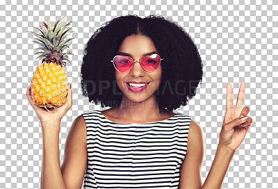 Buy stock photo Woman, portrait and pineapple with peace sign for summer, holiday or vacation and gen z sunglasses. Happy face of african person with tropical fruit and v emoji isolated on transparent png background