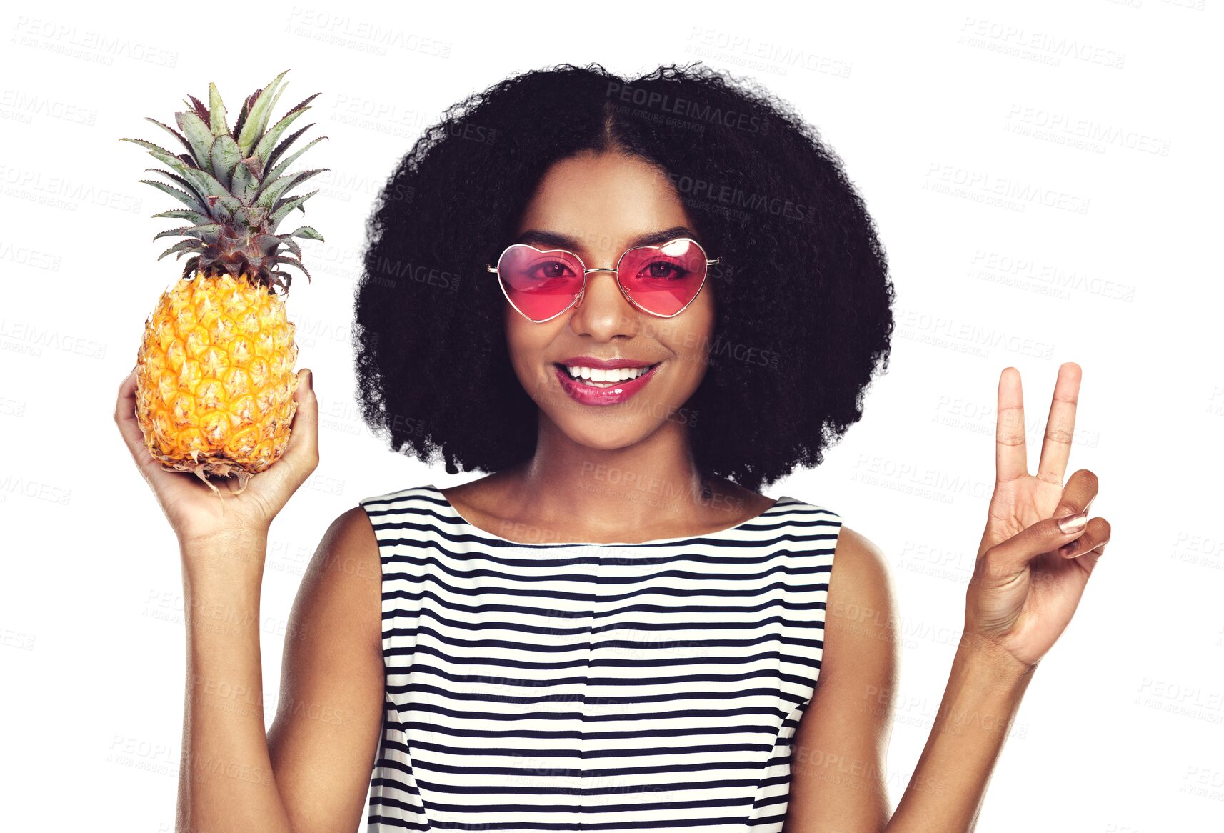 Buy stock photo Woman, portrait and pineapple with peace sign for summer, holiday or vacation and gen z sunglasses. Happy face of african person with tropical fruit and v emoji isolated on transparent png background