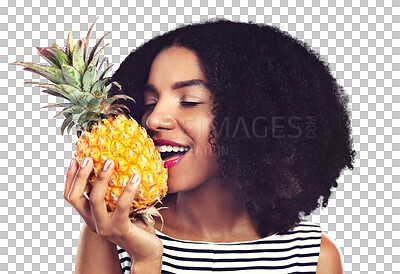 Buy stock photo Beauty, smile or woman and eating pineapple isolated on png transparent background for health and wellness. Black person, smile or makeup with fruit for nutrition, healthy diet or organic detox