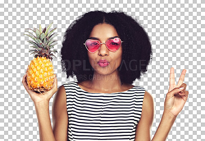 Buy stock photo Isolated woman, pineapple and sunglasses with peace sign, heart glasses and kiss by transparent png background. African girl, sustainable fruit and emoji with summer style, fashion and vote with diet