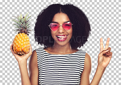 Buy stock photo Happy portrait, peace sign and woman with pineapple, heart sunglasses and fruit for diet, health nutrition or antioxidants benefits. Food, tongue out and girl isolated on transparent, png background