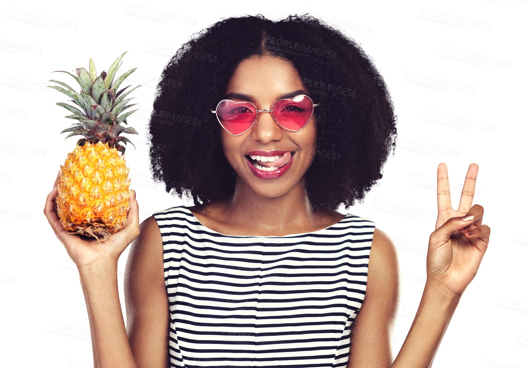 Buy stock photo Happy portrait, peace sign and woman with pineapple, heart sunglasses and fruit for diet, health nutrition or antioxidants benefits. Food, tongue out and girl isolated on transparent, png background