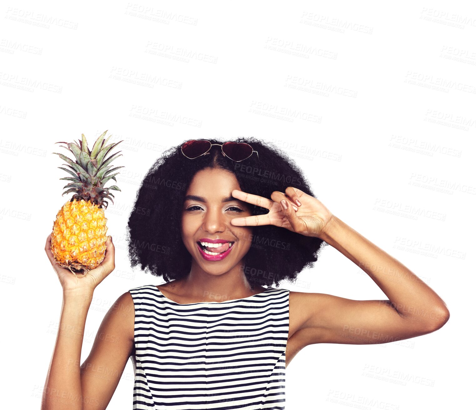 Buy stock photo Isolated woman, pineapple and portrait with peace sign, heart sunglasses or tongue by transparent png background. African girl, sustainable fruit and emoji for summer style, fashion or vote with diet