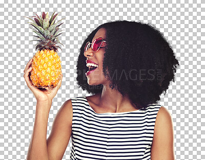 Buy stock photo Black woman, pineapple and fruit for nutrition in summer or transparent, isolated or png background. African, person and smile in happiness with healthy food or diet with vitamin c and wellness