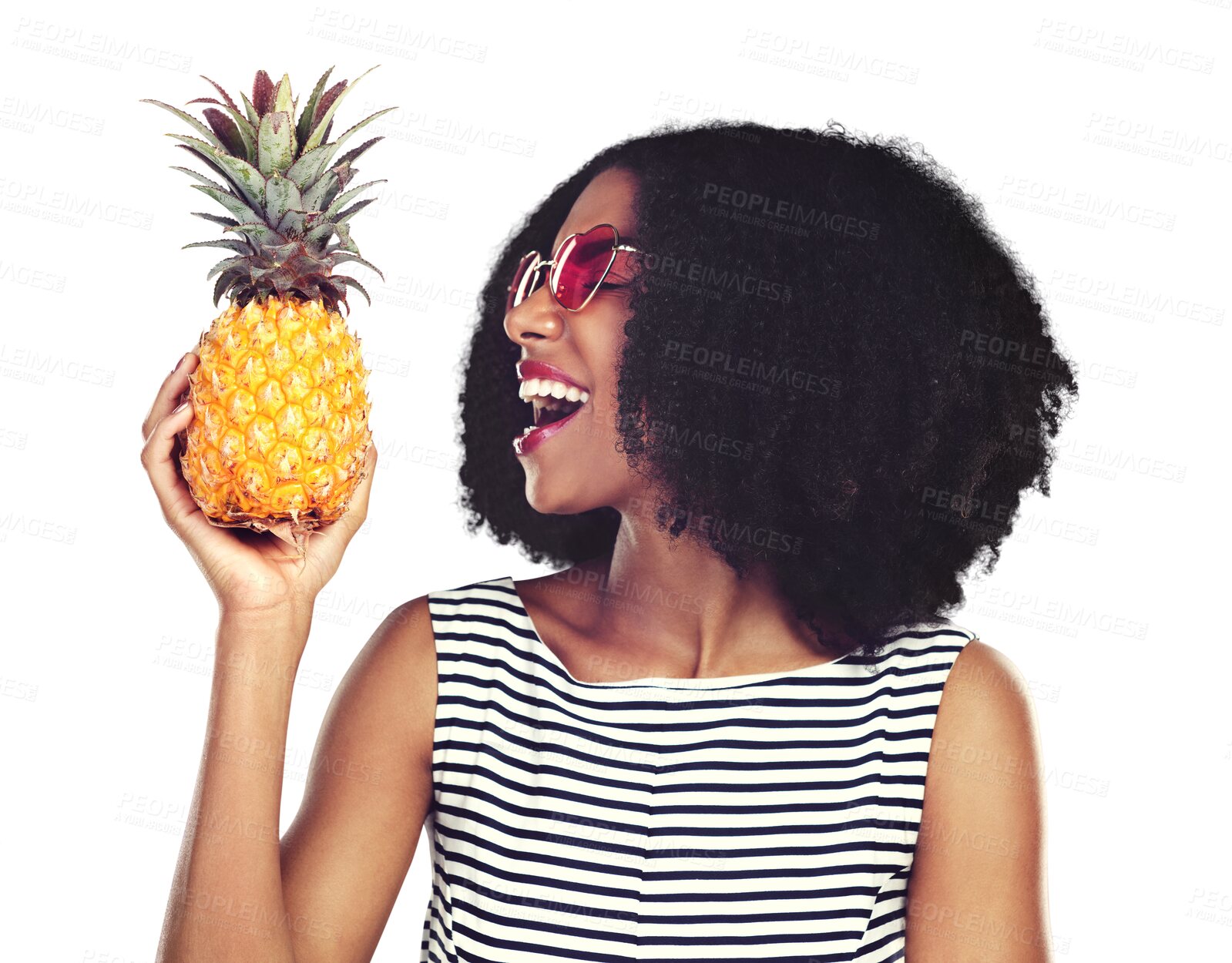 Buy stock photo Black woman, pineapple and fruit for nutrition in summer or transparent, isolated or png background. African, person and smile in happiness with healthy food or diet with vitamin c and wellness