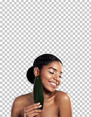 Buy stock photo Happy woman, skincare and leaf for natural beauty isolated on a transparent PNG background. Face of female person or model smile with green plant leaves for facial treatment, cosmetics or dermatology