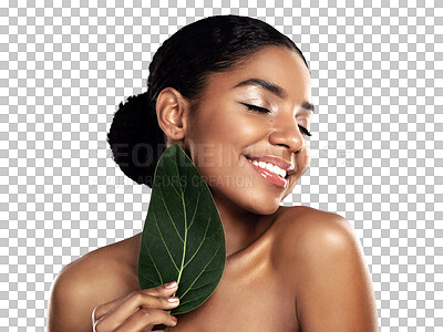 Buy stock photo Happy woman, skincare and green leaf for natural beauty isolated on a transparent PNG background. Face of female person or model smile with plant leaves for facial treatment, cosmetics or dermatology