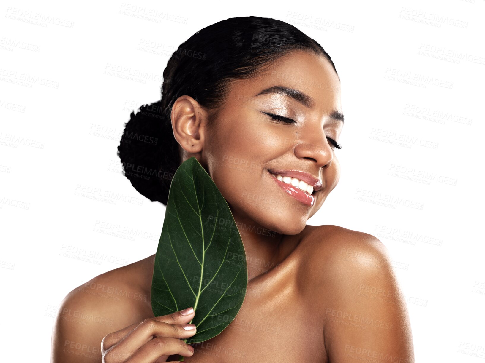 Buy stock photo Happy woman, skincare and green leaf for natural beauty isolated on a transparent PNG background. Face of female person or model smile with plant leaves for facial treatment, cosmetics or dermatology